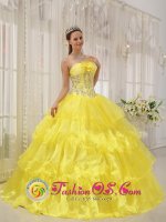 Yellow Sweet Quinceanera Dress For Tarija Blivia Strapless Taffeta and Organza With Beading Ball Gown(SKU QDZY476y-2BIZ)