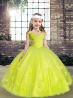 Beauteous Tulle Sleeveless Floor Length Little Girls Pageant Dress and Beading and Hand Made Flower