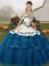 Sleeveless Tulle Brush Train Lace Up 15 Quinceanera Dress in Blue with Embroidery and Ruffled Layers