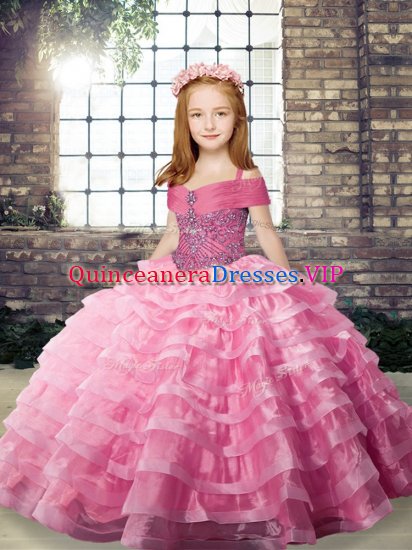 Custom Designed Rose Pink Kids Formal Wear Party and Military Ball and Wedding Party with Beading and Ruffled Layers Straps Sleeveless Brush Train Lace Up - Click Image to Close