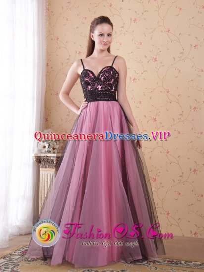 Appliques Rose Pink Floor-length Tulle A-Line /Princess Spaghetti Straps Quinceanera Dama Dress For Spring in Los Hornos Argentina - Click Image to Close