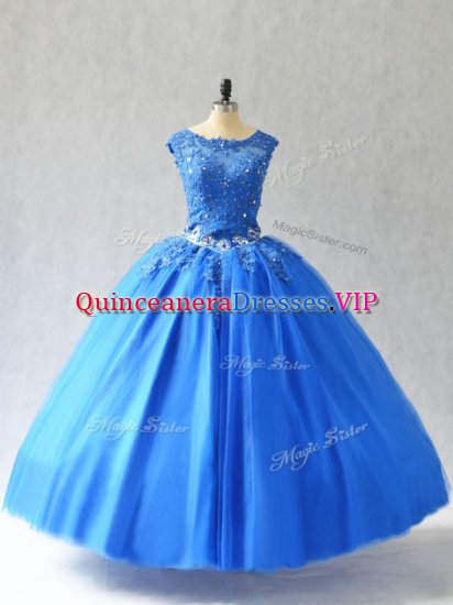 Sexy Beading and Appliques Vestidos de Quinceanera Blue Lace Up Sleeveless Floor Length - Click Image to Close