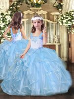 Admirable Baby Blue Sleeveless Floor Length Beading and Ruffles Lace Up Pageant Dress Toddler(SKU PAG1035BIZ)