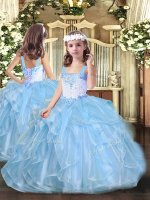 Admirable Baby Blue Sleeveless Floor Length Beading and Ruffles Lace Up Pageant Dress Toddler
