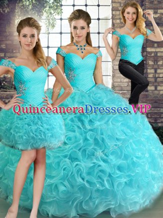 Aqua Blue Sleeveless Fabric With Rolling Flowers Lace Up 15 Quinceanera Dress for Military Ball and Sweet 16 and Quinceanera