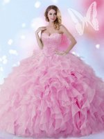On Sale Rose Pink Organza Lace Up Quince Ball Gowns Sleeveless Floor Length Beading and Ruffles