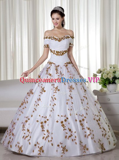 Custom Design Off The Shoulder Short Sleeves Lace Up Quinceanera Dresses White Organza - Click Image to Close