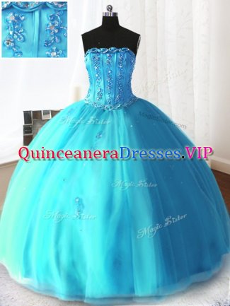 Sleeveless Floor Length Beading and Appliques Lace Up Sweet 16 Dress with Baby Blue