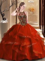 Rust Red Tulle Backless Scoop Sleeveless Quinceanera Gowns Brush Train Embroidery and Ruffles