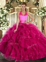 Floor Length Lace Up Sweet 16 Quinceanera Dress Fuchsia for Military Ball and Sweet 16 and Quinceanera with Ruffles
