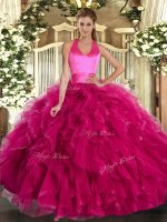Floor Length Lace Up Sweet 16 Quinceanera Dress Fuchsia for Military Ball and Sweet 16 and Quinceanera with Ruffles(SKU SJQDDT1653002-2BIZ)