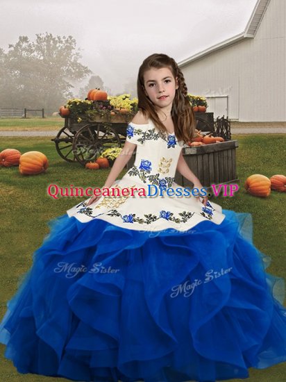 Blue Ball Gowns Straps Sleeveless Organza Floor Length Lace Up Embroidery and Ruffles Pageant Dress for Teens - Click Image to Close