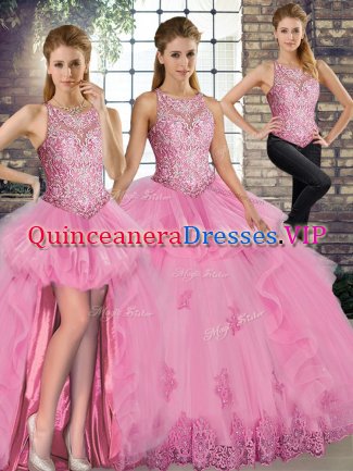 Latest Rose Pink Sleeveless Lace and Embroidery and Ruffles Floor Length 15th Birthday Dress