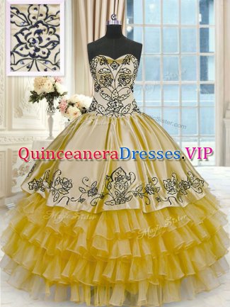 Sleeveless Floor Length Beading and Embroidery and Ruffled Layers Lace Up 15 Quinceanera Dress with Gold