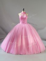 Halter Top Sleeveless Sweet 16 Dresses Floor Length Beading Baby Pink Tulle