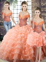 Peach Quinceanera Dress Military Ball and Sweet 16 and Quinceanera with Beading and Ruffled Layers Off The Shoulder Sleeveless Brush Train Lace Up