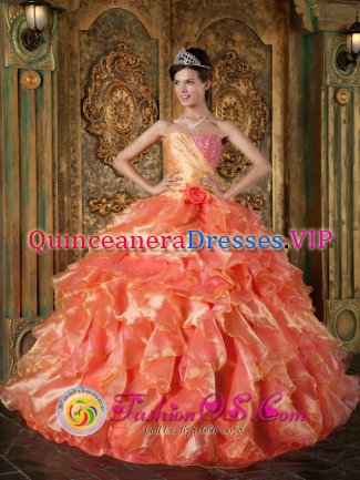 Carmarthenshire Dyfed Beading and Ruffles Cheap Orange Quinceanera Dress For In New York Sweetheart Strapless Ball Gown