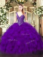 Purple Ball Gowns V-neck Sleeveless Organza Floor Length Lace Up Beading and Ruffles Quinceanera Gowns
