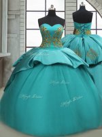 Flirting Satin Sweetheart Sleeveless Sweep Train Lace Up Beading and Appliques 15 Quinceanera Dress in Turquoise