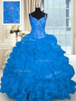 Discount Lace Up Quinceanera Gowns Blue for Military Ball and Sweet 16 and Quinceanera with Beading and Embroidery and Ruffles and Pick Ups Brush Train(SKU PSSW0311-4BIZ)
