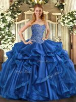 Pretty Blue Lace Up Sweetheart Beading and Ruffles Quinceanera Gown Organza Sleeveless
