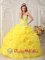 Lawrenceburg Kentucky/KY Yellow Beaded Appliques Decorate Bodice Hand Made Flower Pick-ups Ball Gown Quinceanera Dress For Sweet 16