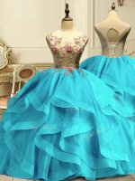 Elegant Aqua Blue Scoop Lace Up Appliques and Ruffles 15 Quinceanera Dress Sleeveless(SKU YSQD077BIZ)