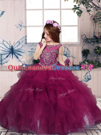 Fuchsia Ball Gowns Beading and Ruffles Child Pageant Dress Zipper Organza Sleeveless Floor Length