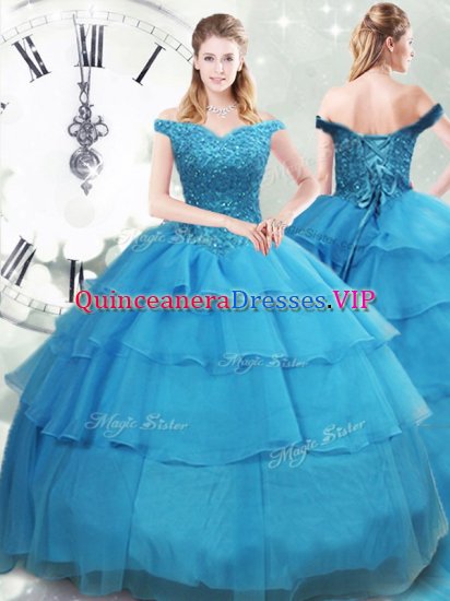 Fashionable Baby Blue Organza Lace Up Military Ball Dresses Sleeveless Brush Train Beading and Ruffled Layers - Click Image to Close