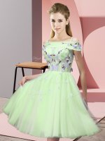 Knee Length Yellow Green Vestidos de Damas Tulle Short Sleeves Appliques