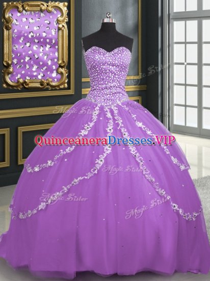 Latest Lavender Tulle Lace Up Sweetheart Sleeveless With Train Quinceanera Gown Brush Train Beading and Appliques - Click Image to Close