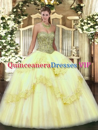 Light Yellow Ball Gowns Beading and Appliques Sweet 16 Dress Lace Up Tulle Sleeveless Floor Length
