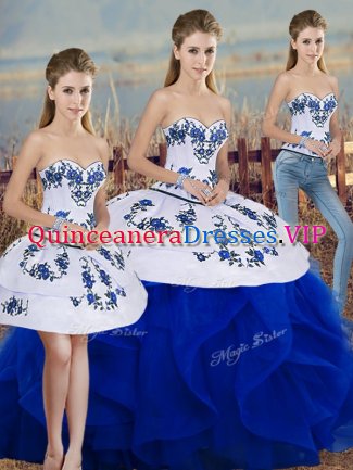 Royal Blue Lace Up Quinceanera Dresses Embroidery and Ruffles and Bowknot Sleeveless Floor Length