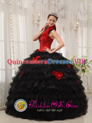 Black and Red Hand Made Flowers For Gorgeous Quinceanera Dress with Ruffles Layered In Wichita Kansas/KS