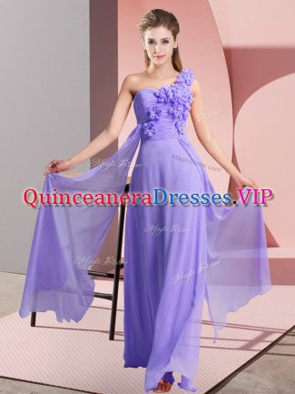 Sleeveless Chiffon Floor Length Lace Up Dama Dress for Quinceanera in Lavender with Hand Made Flower