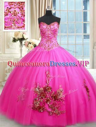 Latest Hot Pink Ball Gowns Sweetheart Sleeveless Tulle Floor Length Lace Up Beading and Appliques and Embroidery 15th Birthday Dress
