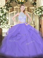 Fine Lavender Zipper 15th Birthday Dress Lace and Ruffles Sleeveless Floor Length