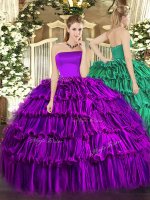 Nice Strapless Sleeveless Zipper Ball Gown Prom Dress Purple Organza