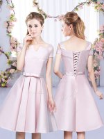 Top Selling Mini Length Lace Up Vestidos de Damas Baby Pink for Wedding Party with Bowknot(SKU BMT0438DBIZ)