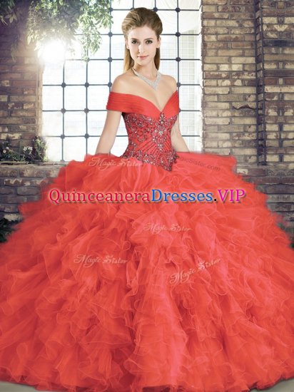 Off The Shoulder Sleeveless Lace Up Quince Ball Gowns Coral Red Tulle - Click Image to Close