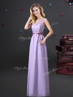 Hot Selling See Through Lavender Chiffon Lace Up Scoop Sleeveless Floor Length Damas Dress Lace and Appliques and Belt