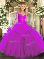 Fine Fuchsia Long Sleeves Tulle Lace Up Sweet 16 Quinceanera Dress for Military Ball and Sweet 16 and Quinceanera