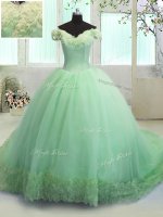 Off the Shoulder Short Sleeves Court Train Hand Made Flower With Train 15th Birthday Dress