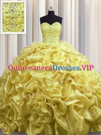 Beautiful Gold Ball Gowns Organza Sweetheart Sleeveless Beading and Pick Ups With Train Lace Up Sweet 16 Quinceanera Dress Court Train
