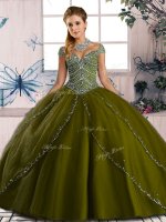 Beautiful Olive Green 15 Quinceanera Dress Sweet 16 and Quinceanera with Beading Sweetheart Cap Sleeves Brush Train Lace Up