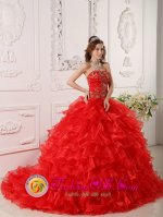 Ruffles and Embroidery Informal Red Motherwell Strathclyde Quinceanera Dress Strapless Organza Brush Train Ball Gown