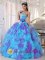 sweetheart neckline Bodice Baby Blue and Purple Appliques Decorate Ruffles Hand Made Flower For Quinceanera Dress in Teton Village Wyoming/WY