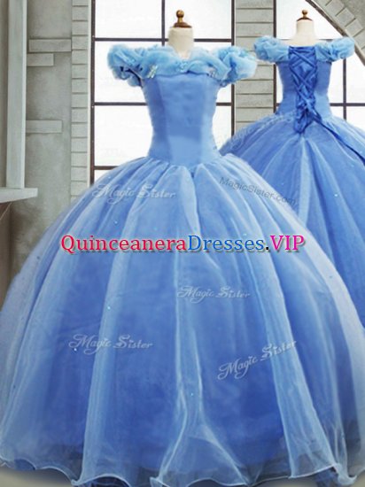 Exquisite Light Blue Sleeveless Organza Brush Train Lace Up Quinceanera Dresses for Military Ball and Sweet 16 and Quinceanera - Click Image to Close