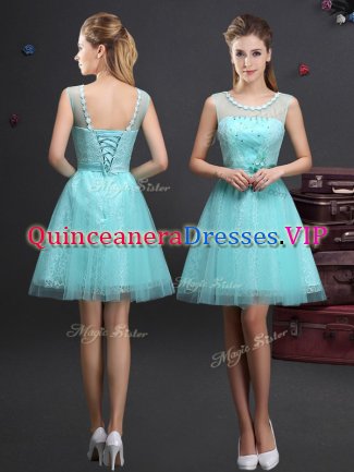 Delicate Tulle Scoop Sleeveless Lace Up Beading and Lace and Appliques and Belt Dama Dress for Quinceanera in Aqua Blue