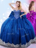 Pretty Sleeveless Taffeta Floor Length Lace Up 15th Birthday Dress in Royal Blue with Beading and Lace and Bowknot